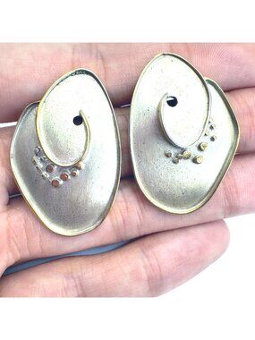 Spiral Stud Earrings Two Tone Sterling Silver 925 Size 1.5" Length